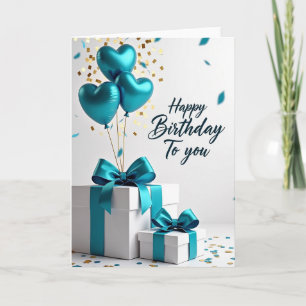 Tarjeta de cumpleaños alegre con corazón azul turq