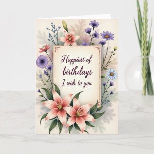 Tarjeta de cumpleaños alegre con flor de rosa