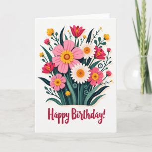 Tarjeta de cumpleaños alegre con flores vibrantes