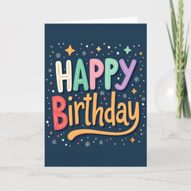 Tarjeta de cumpleaños alegre con letras vibrantes (Anverso)