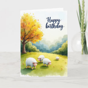 Tarjeta de cumpleaños alegre de prado de ovejas
