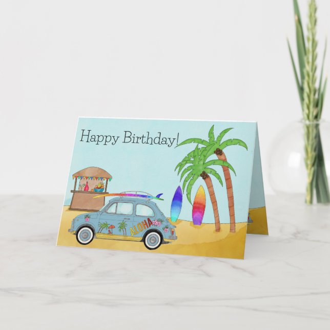 Tarjeta de cumpleaños Aloha Surf Fiat 500 (Anverso)