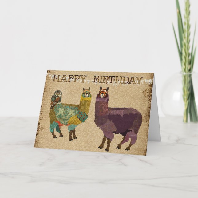 Tarjeta de cumpleaños Alpacas y Lechuza Verde azul (Anverso)