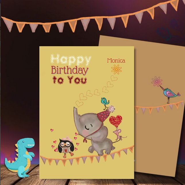 Tarjeta de cumpleaños amarilla Cute Elephant & Mou (Cute Elephant & Mouse Yellow Birthday Card)