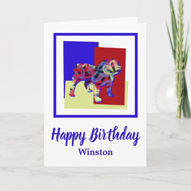 Tarjeta de cumpleaños amarilla roja azul Bulldog i (Anverso)