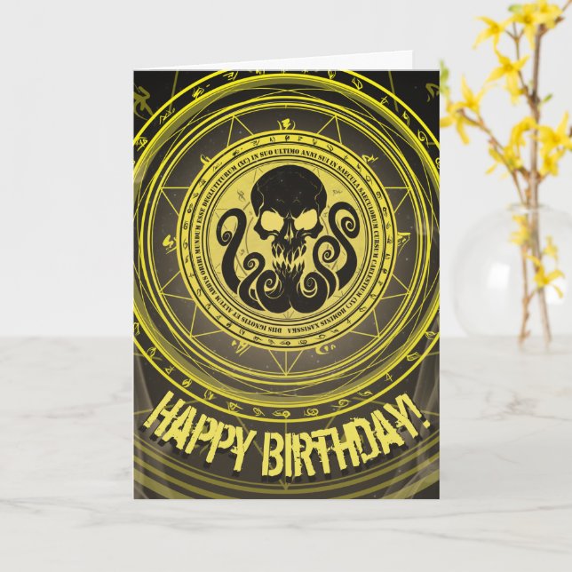 Tarjeta de cumpleaños amarilla Skullthulhu (flor amarilla)