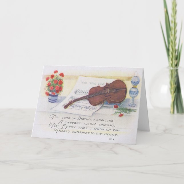 Tarjeta de cumpleaños antigua con violín y música (Anverso)