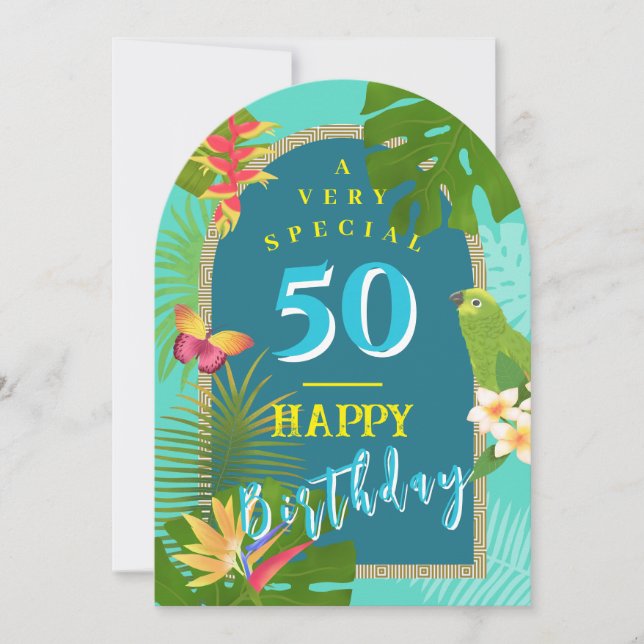 Tarjeta de cumpleaños anual verde tropical Paraiso (Anverso)