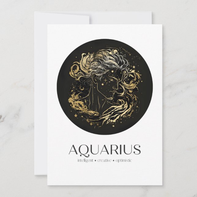 Tarjeta de cumpleaños Aquarius Black & Gold Zodiac (Anverso)