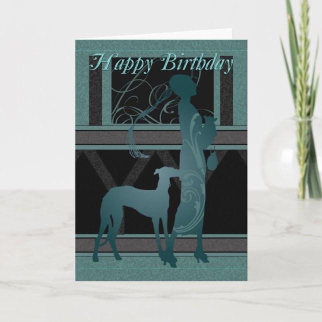 Tarjeta De Cumpleaños Art Deco Con Perro Y Mujer (Anverso)