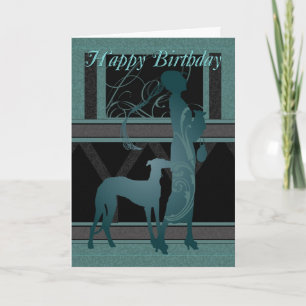 Tarjeta De Cumpleaños Art Deco Con Perro Y Mujer