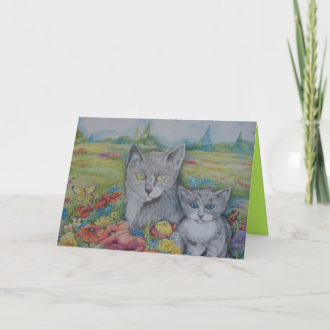 Tarjeta de cumpleaños artística con los gatos y el (Anverso)