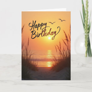 Tarjeta de cumpleaños atardecer océano dorado