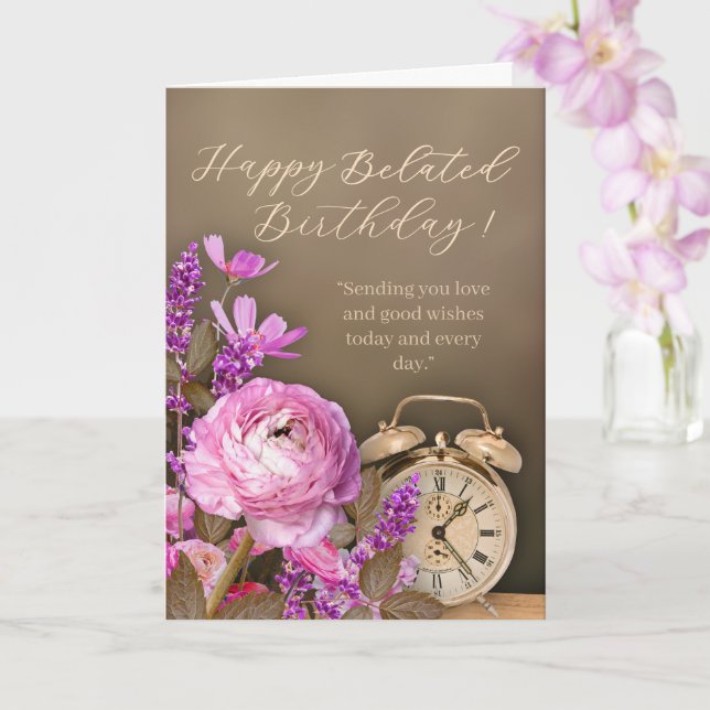 Tarjeta de cumpleaños atrasado con reloj dorado y  (Orquídea)