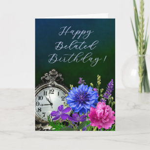 Tarjeta de cumpleaños atrasado con reloj floral el