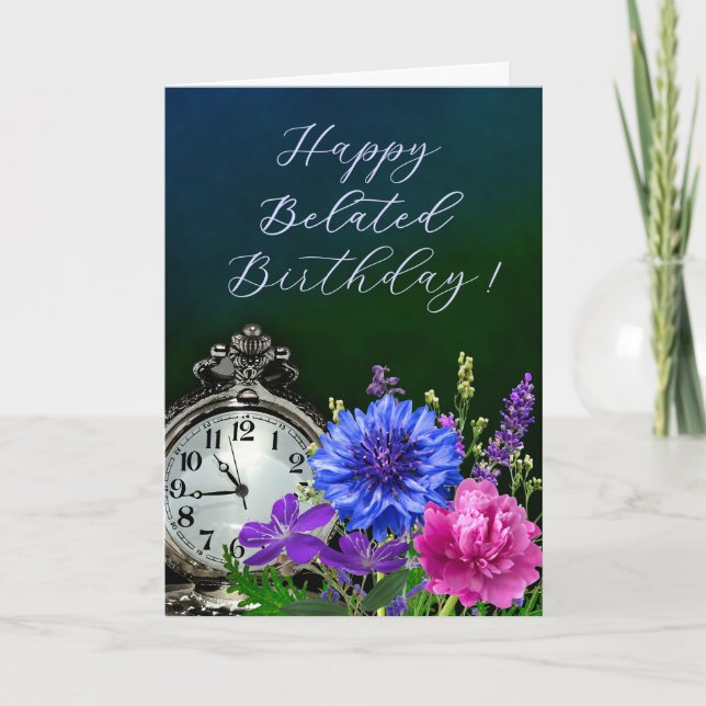 Tarjeta de cumpleaños atrasado con reloj floral el (Anverso)