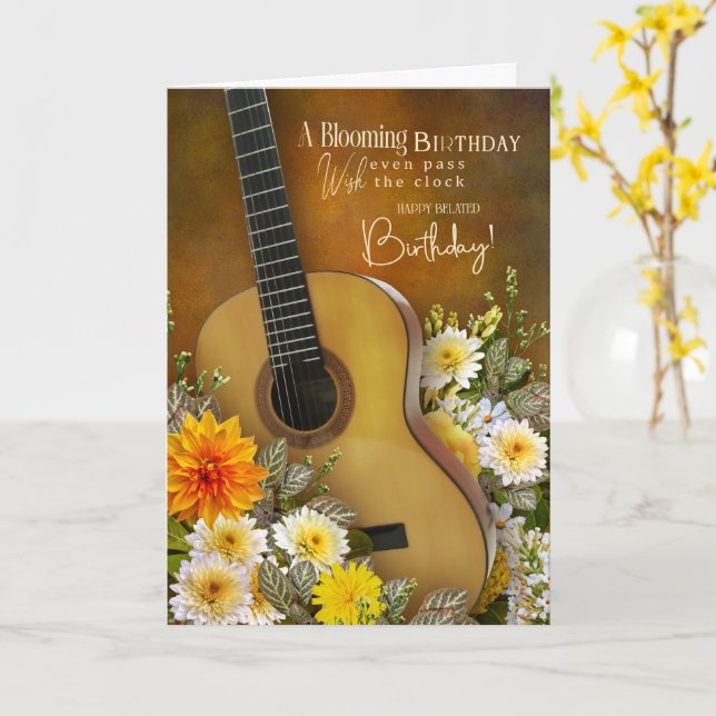 Tarjeta de cumpleaños atrasado con tema musical –  (flor amarilla)