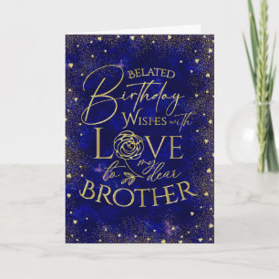 Tarjeta de cumpleaños atrasado hermano texto dorad