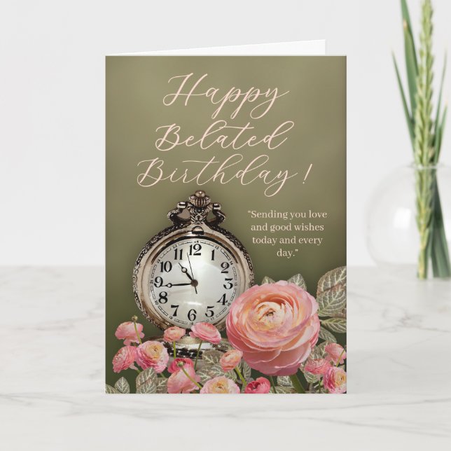 Tarjeta de cumpleaños atrasado verde beige floral  (Anverso)