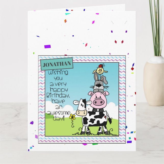 Tarjeta de cumpleaños - Ave de conejo de cerdo bov (Anverso)