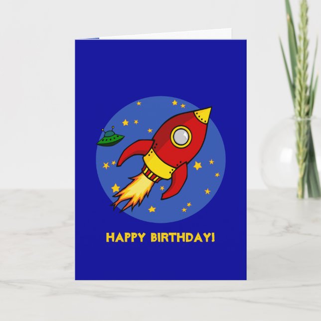 Tarjeta de cumpleaños azul amarillo rojo del cohet (Anverso)