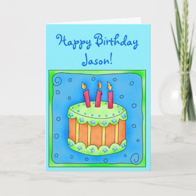 Tarjeta de cumpleaños azul con pastel (Anverso)