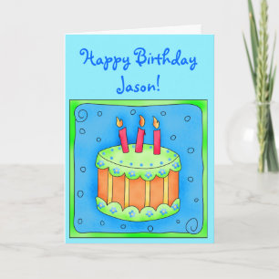 Tarjeta de cumpleaños azul con pastel