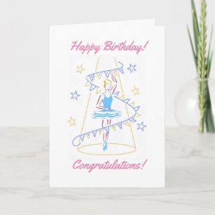 Tarjeta de cumpleaños azul de ballet y banderines