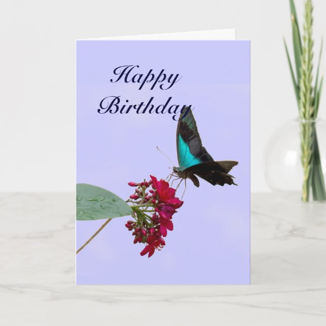 Tarjeta de cumpleaños azul de la mariposa de (Anverso)