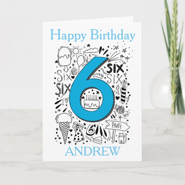 Tarjeta de cumpleaños azul de seis años (Anverso)