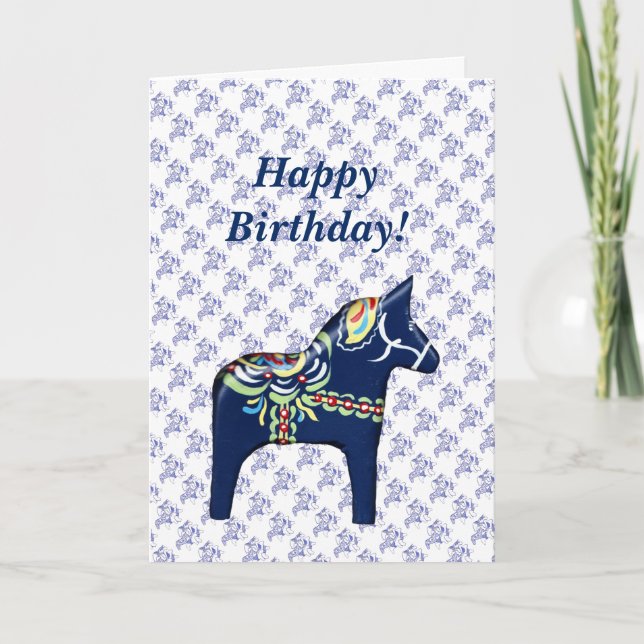 Tarjeta de cumpleaños azul del caballo de Dala (Anverso)