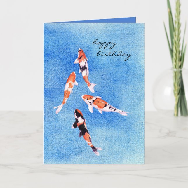 Tarjeta de cumpleaños azul Koi flotante (Anverso)