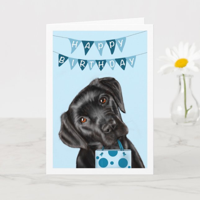 Tarjeta de cumpleaños azul Labrador negro (Planta pequeña)