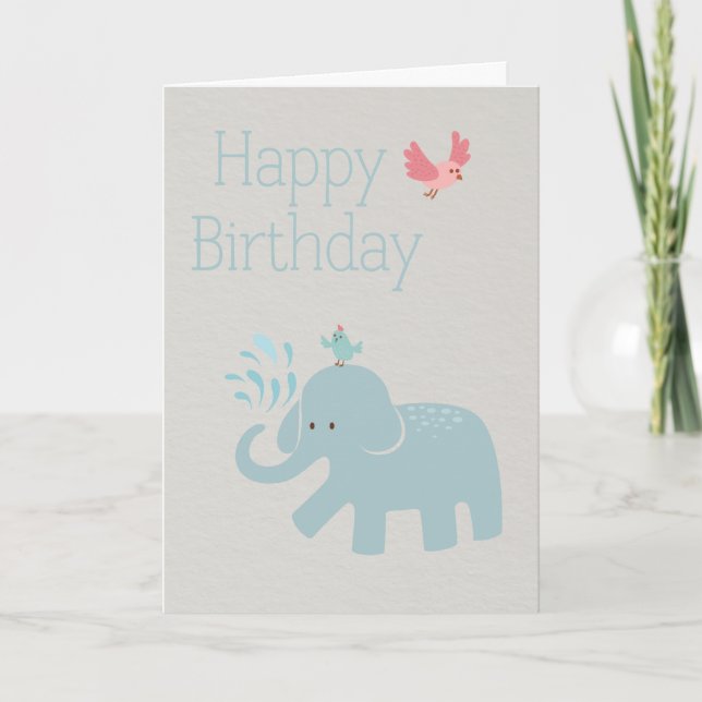 Tarjeta de cumpleaños azul linda del elefante (Anverso)