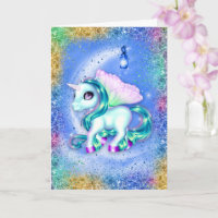 Tarjeta de cumpleaños azul lunar para unicornio