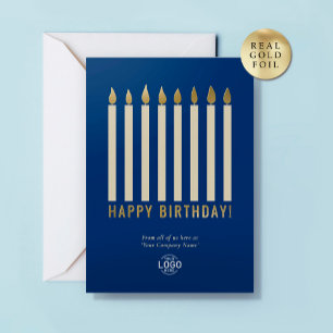 Tarjeta de cumpleaños azul oro velas logotipo nego