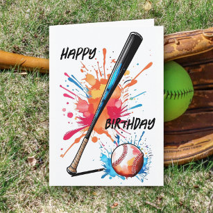 Tarjeta de cumpleaños Bat & Ball Splash para los a
