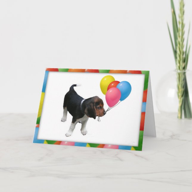 Tarjeta de cumpleaños Beagle Puppy y Balloons (Anverso)