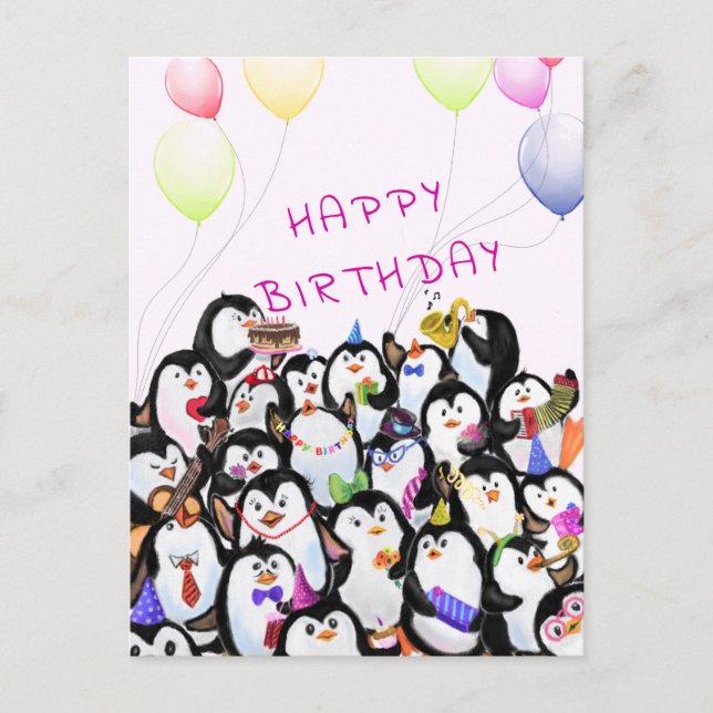 Tarjeta de cumpleaños bebé Fiesta de pingüinos fel (Anverso)
