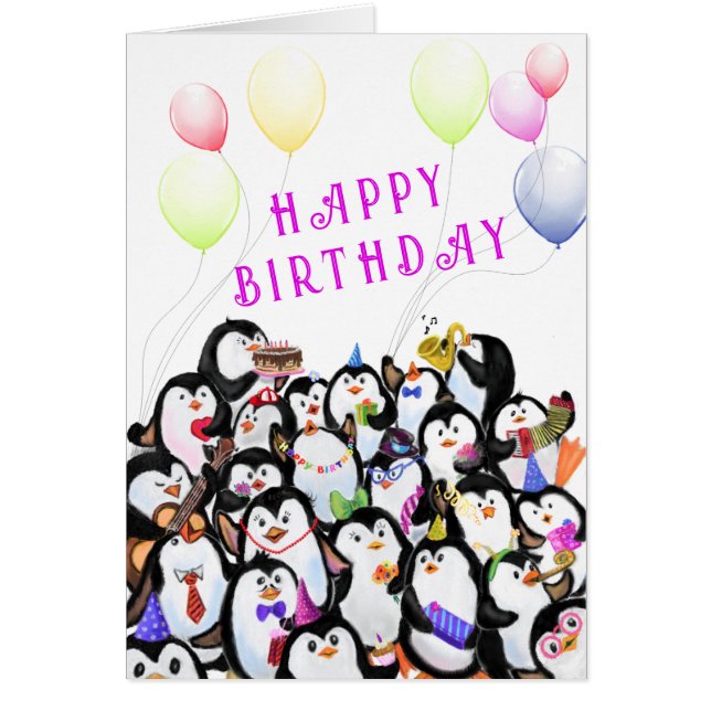 Tarjeta de cumpleaños bebé Fiesta de pingüinos fel (Frente)