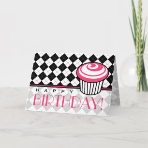 Tarjeta de cumpleaños Black Argyle con pastel rosa