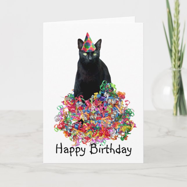 Tarjeta de cumpleaños Black Cat Curly Ribbons (Anverso)