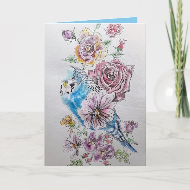 Tarjeta de cumpleaños Blue Budgie Bird Rosa Waterc (Anverso)