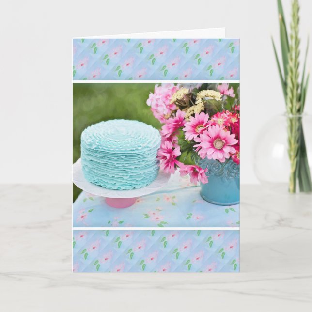 Tarjeta de cumpleaños Blue Cake And Flowday (Anverso)