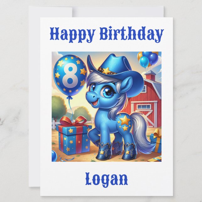 Tarjeta de cumpleaños Blue Cowboy Pony de 8 años (Anverso)