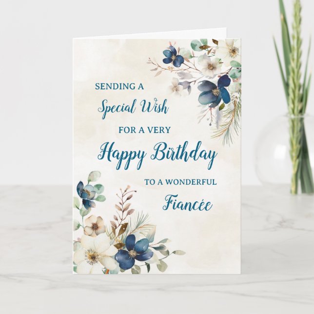 Tarjeta de cumpleaños Blue Floral Fiancée (Anverso)
