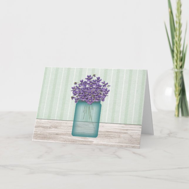Tarjeta de cumpleaños Blue Mason Jar Violets (Anverso)