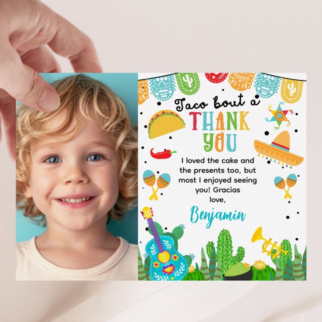 Tarjeta de cumpleaños Blue Photo Fiesta (Boys Colorful Fiesta Themed Birthday Thank You Card, Mexican Fiesta Birthday Party Thank You Card)