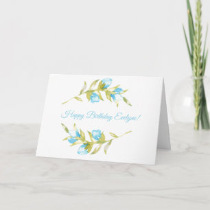 Tarjeta de cumpleaños Blue Rosebud Stems Watercolo