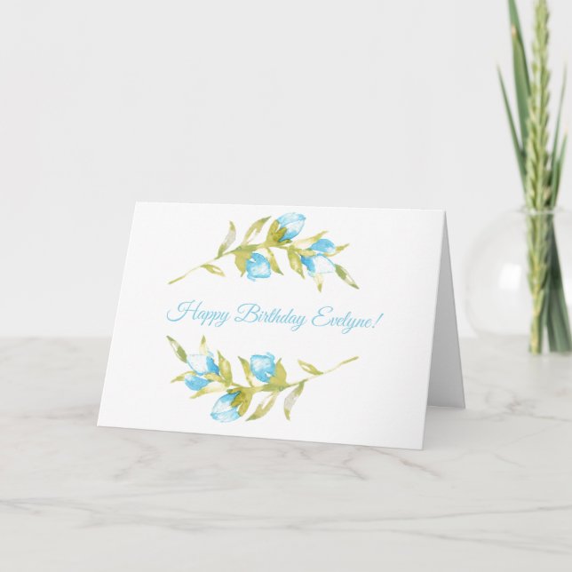 Tarjeta de cumpleaños Blue Rosebud Stems Watercolo (Anverso)